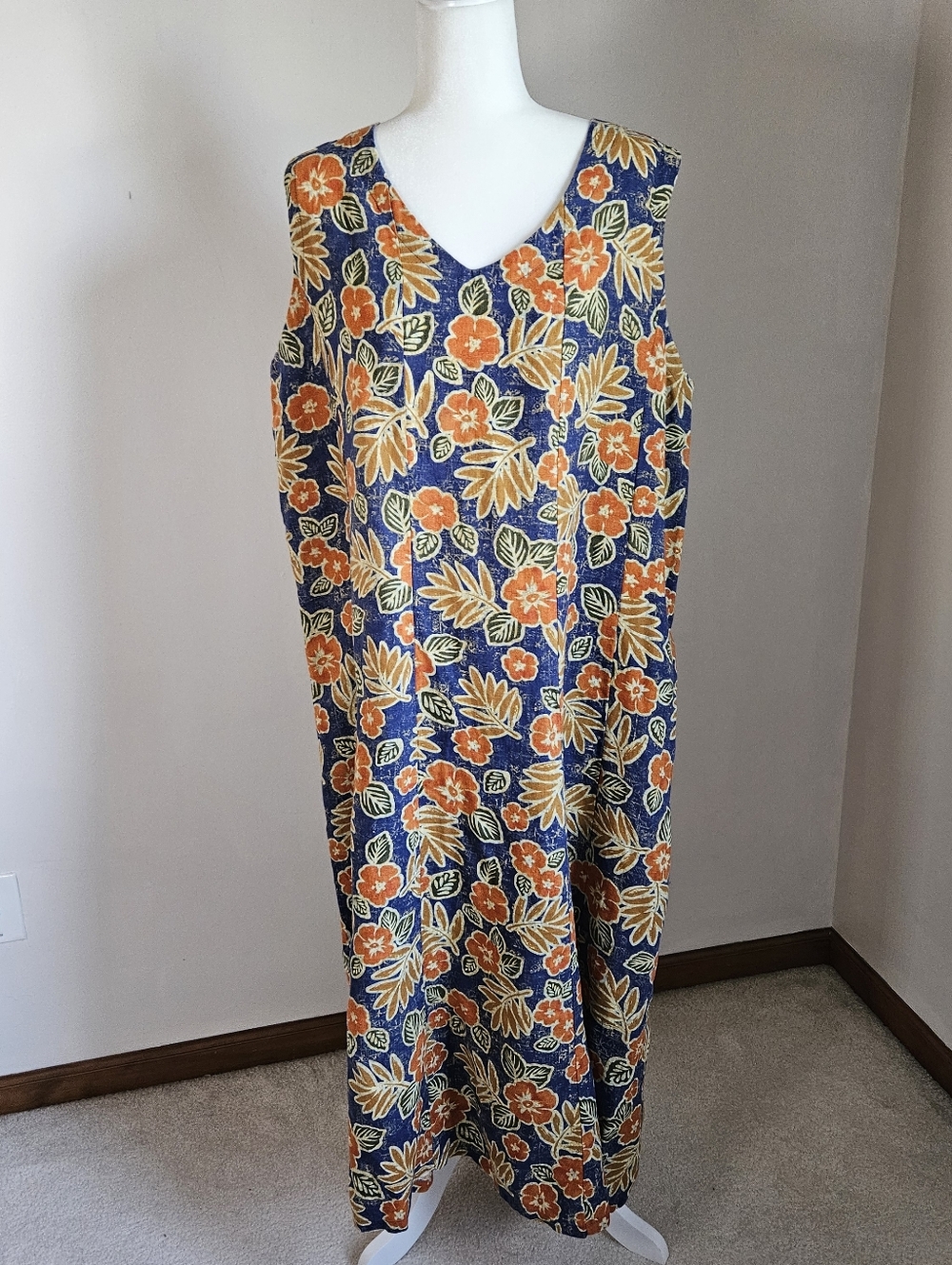 Linen SZ18 Maxi Dress Sleeveless Orange Floral Cottage Coastal Resort Vacation